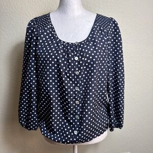 The Limited Blouse Small Women Blue White Dot Pleated Shoulder Long Sleeve Shirt